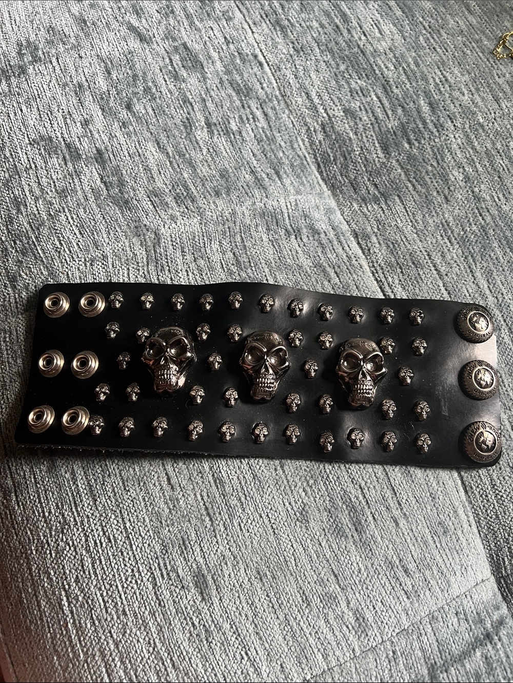 Black Leather Skull Stud Wide Bracelet.  Made by New Rock Leather.